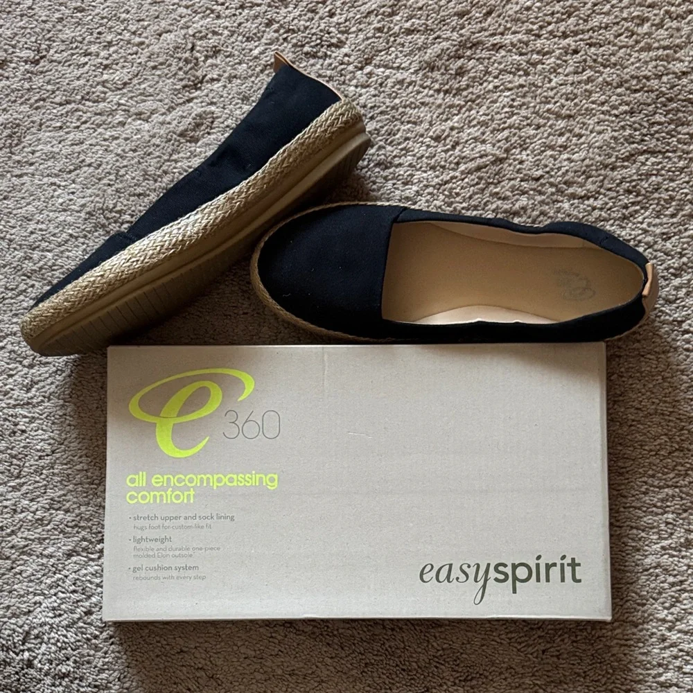 Easy Spirit e360 Black Espadrille Flats. Size 8. NWT.